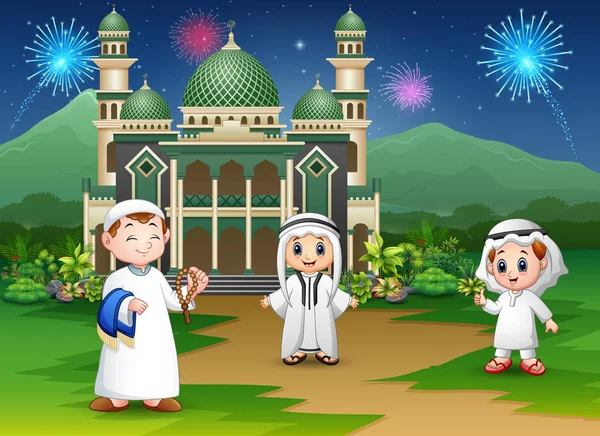 Pessoas Muçulmanas Felizes Comemoram Para Eid Mubarak —  Vetores de Stock