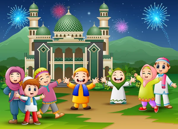 Szczęśliwy Kids Okazji Eid Mubarak Tle Meczet Fajerwerki — Wektor stockowy