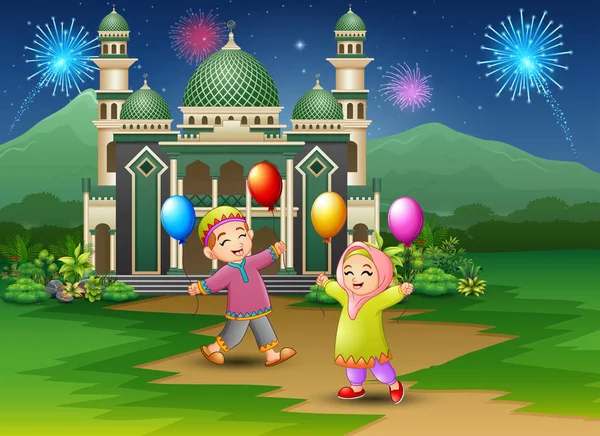 Gelukkige Moslim Kinderen Houden Van Een Ballonnen Voor Moskee — Stockvector