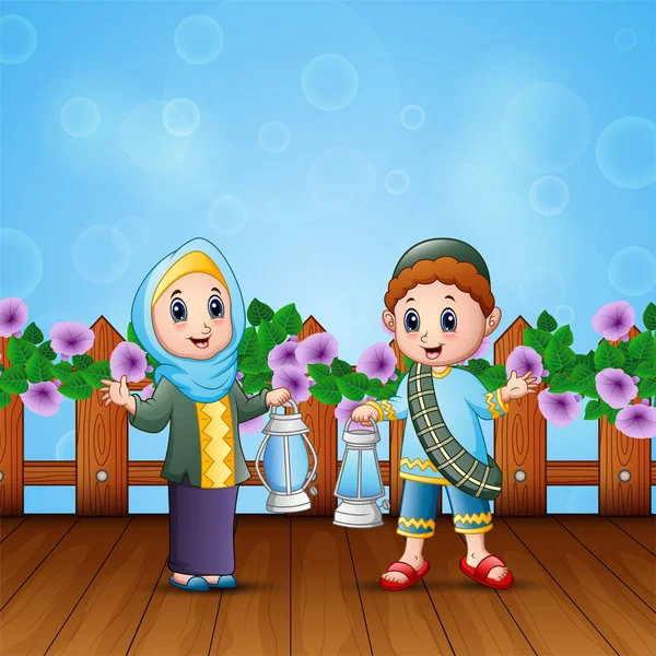 伊斯兰夫妇手持灯笼庆祝开斋节 — 图库矢量图片