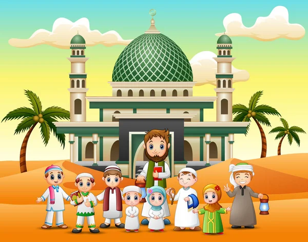 Die Kinder Und Ihr Lehrer Vor Einer Moschee — Stockvektor