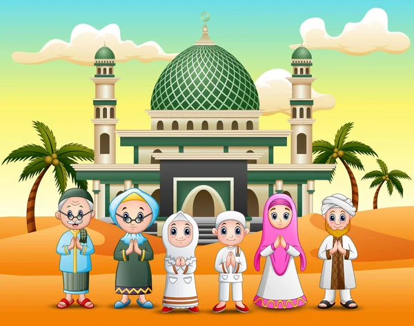 Cami Önünde Dilekte Bulunan Mutlu Müslüman Aile — Stok Vektör