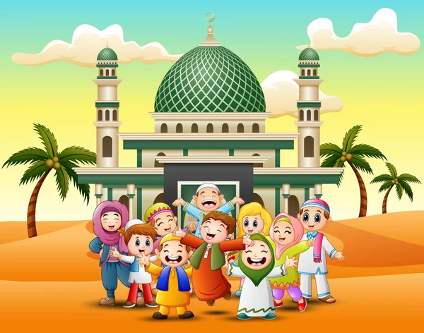モスクの前で幸せなイスラム教徒の子供の漫画 — ストックベクタ