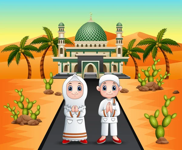 Muslimskt Par Framför Moskén Öken Bakgrund — Stock vektor