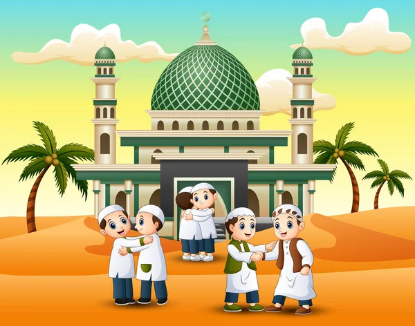 モスクの前で握手を交わすイスラム教徒 — ストックベクタ