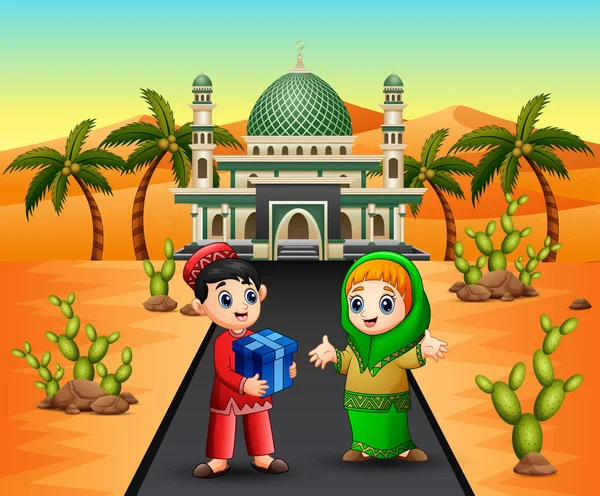 モスクの前で女の子に贈り物を与えるかわいいイスラムの少年 — ストックベクタ