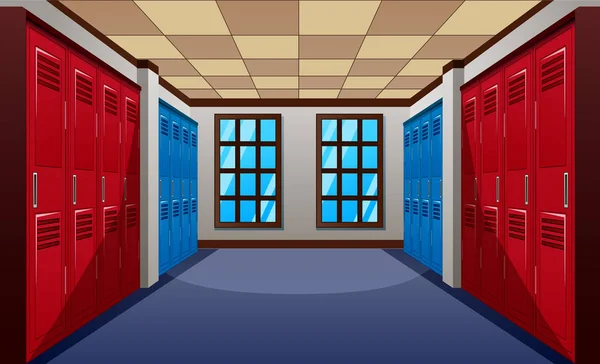 Couloir Scolaire Moderne Avec Rangée Casiers Bleus Rouges — Image vectorielle