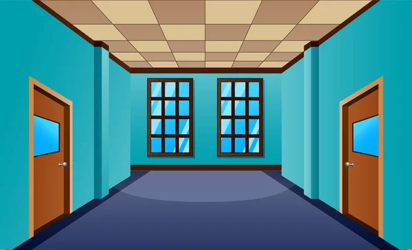 窓と多くのドアを持つ漫画の学校の廊下 — ストックベクタ
