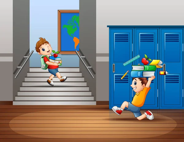Мультфильм Мальчиках Несущих Школьные Принадлежности — стоковый вектор