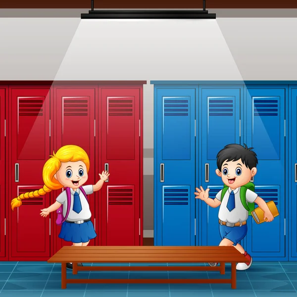 Happy School Children Meet Locker Room - Stok Vektor