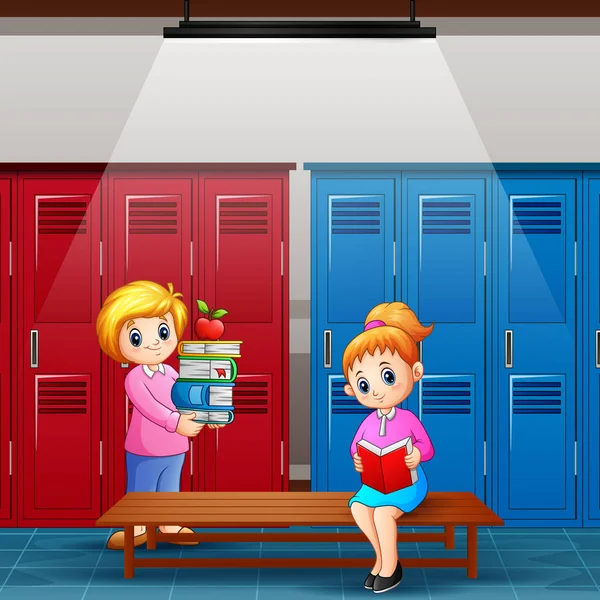 Teacher with girl is reading a book in the locker room