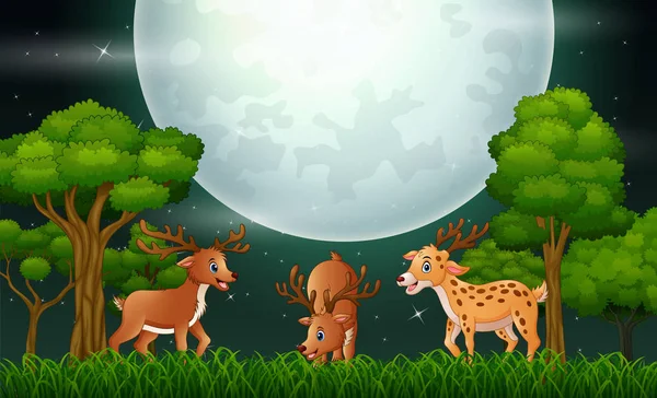 Deer Cartoon Playing Night Landscape — Stock Vector