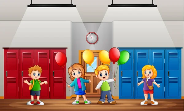 Roliga Barn Som Håller Ballonger Framför Klassen — Stock vektor