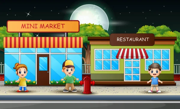 Cartoon Kinder Vor Restaurant Und Minimarkt — Stockvektor