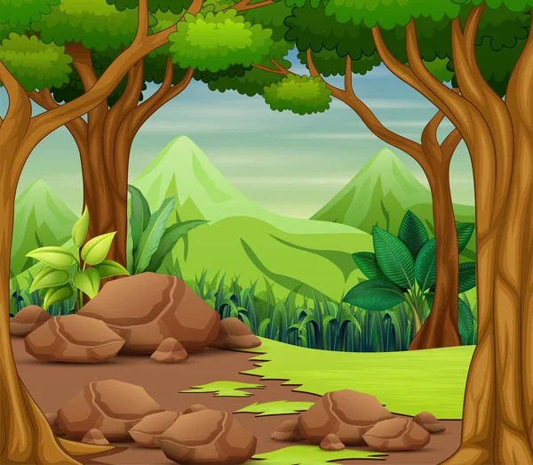 木と美しい風景の背景と森のシーン — ストックベクタ