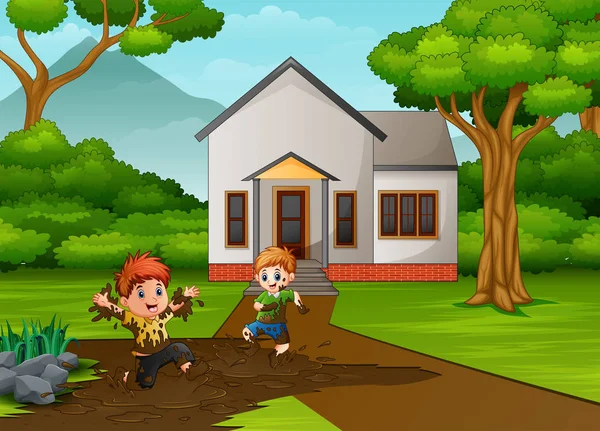 家の前で泥遊びをする小さな子供たち — ストックベクタ