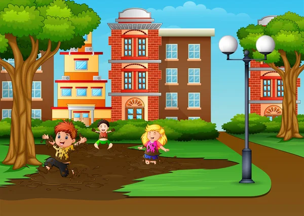 市内の公園で泥水たまりをする子供たち — ストックベクタ