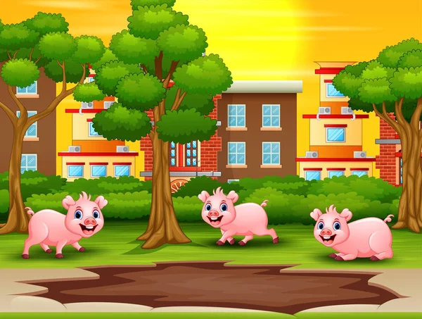 Glückliche Schweine Die Eine Schlammpfütze Sehen Und Spielen Wollen — Stockvektor