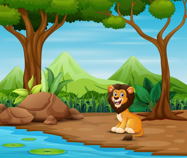 Dibujos Animados Leones Asustadizos Viviendo Bosque — Vector de stock