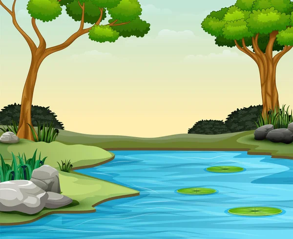 湖和莲花的自然场景背景 — 图库矢量图片