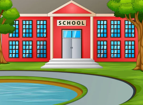 Okul Binasıönünde Küçük Gölet — Stok Vektör