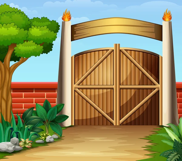 Dřevěná Brána Nádherné Přírodě — Stockový vektor