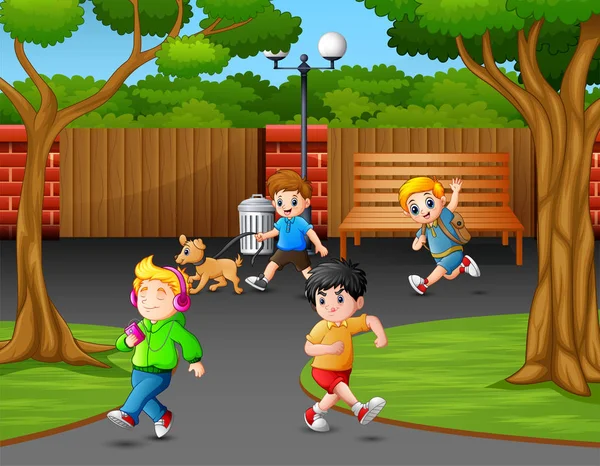 Bambini Felici Che Giocano Nella Città Del Parco — Vettoriale Stock