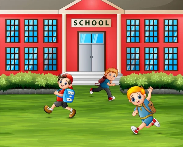 学校の前を走る少年たち — ストックベクタ