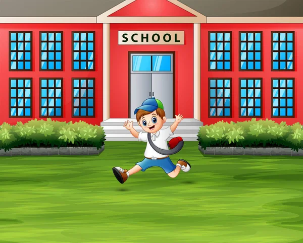 Ένα Αγόρι Που Πηδάει Μπροστά Από Σχολικό Κτίριο — Διανυσματικό Αρχείο
