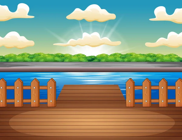 Drewniany Molo Widokiem Jezioro Wschodzie Słońca — Wektor stockowy