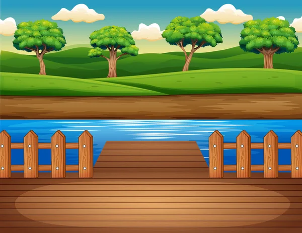 Wooden Pier Overlooking Forest — Stock Vector