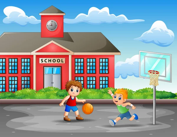 Dua Anak Laki Laki Bermain Basket Lapangan - Stok Vektor