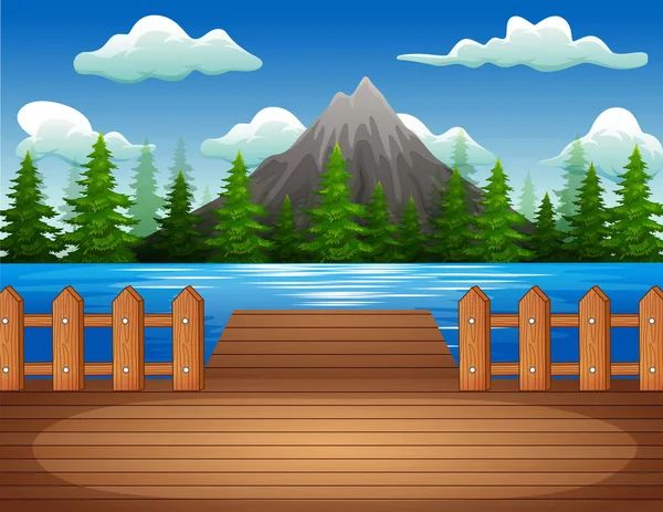 Wooden Pier Overlooking Lake Mountain — Stock Vector