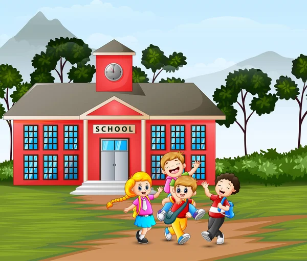 学校の前で幸せな子供たち — ストックベクタ