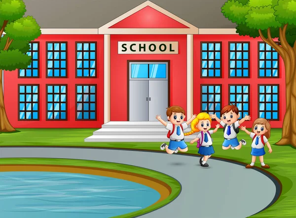 学校に行くバックパックを持つ制服を着た幸せな子供たち — ストックベクタ