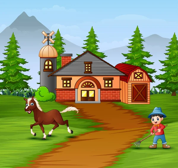 Agricultor Con Animales Granja Fondo Granja — Vector de stock