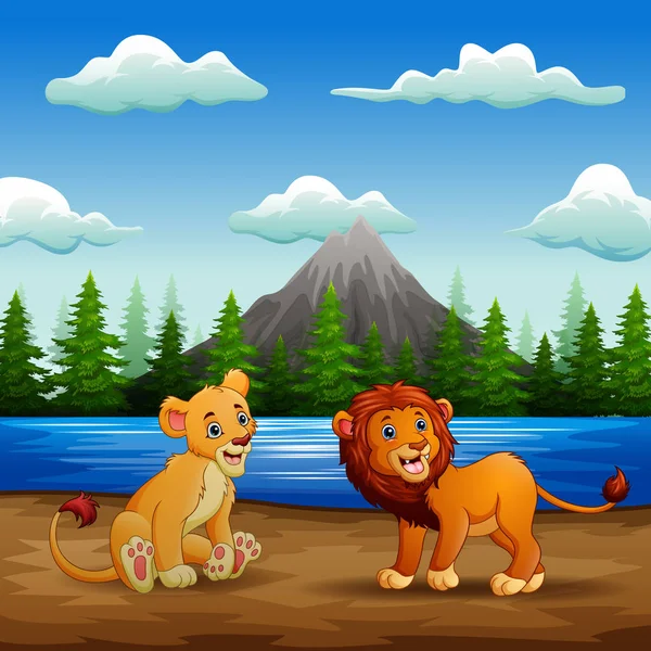 狮子卡通在河边玩 — 图库矢量图片