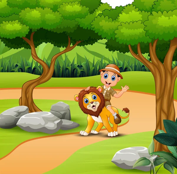 Zoowärter Mit Einem Löwen Dschungel — Stockvektor