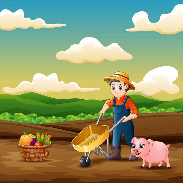 Jeune Agriculteur Travaillant Ferme — Image vectorielle