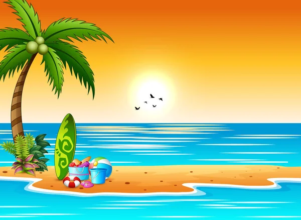 夕日の風景の海辺のサーフボードとビーチの要素 — ストックベクタ