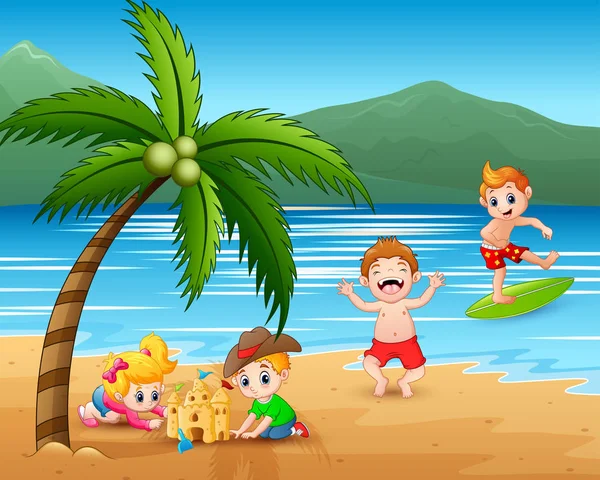 Ευτυχισμένα Παιδιά Που Παίζουν Στην Παραλία — Διανυσματικό Αρχείο