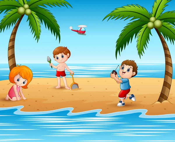 Crianças Felizes Brincando Praia —  Vetores de Stock