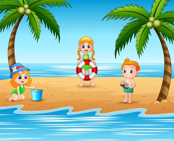 Niños Con Trajes Baño Jugando Playa — Vector de stock