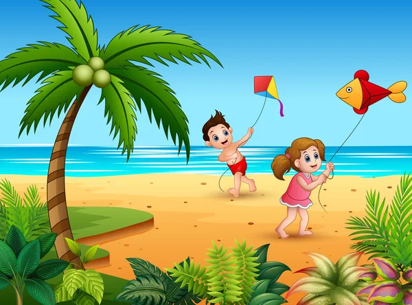 Malý Chlapec Dívka Hrají Kity Pláži — Stockový vektor