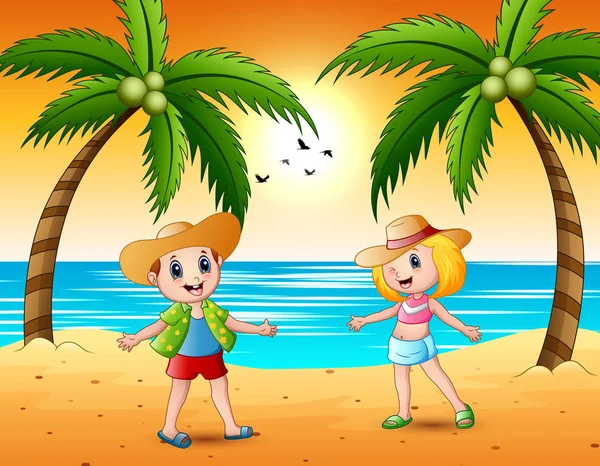 Niños Divertidos Playa Sombrero Paja — Vector de stock