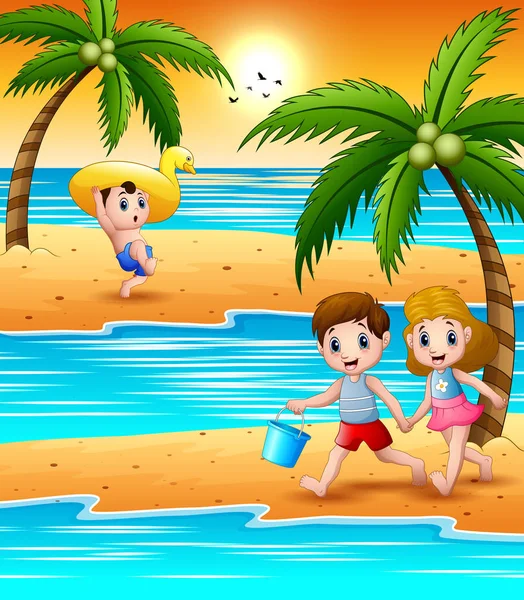 Niños Felices Jugando Playa — Vector de stock