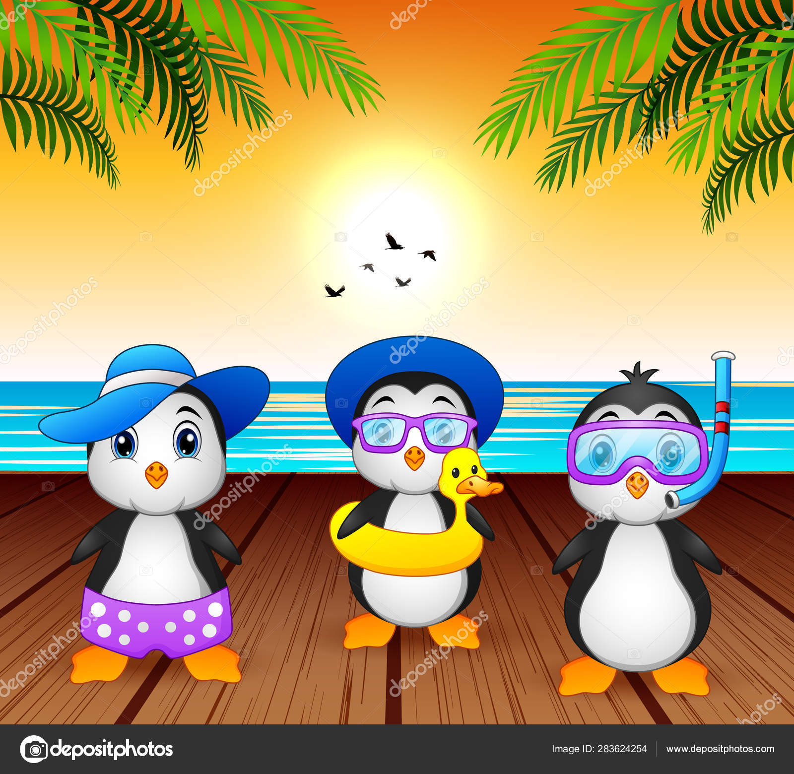 Dessin Anime Pingouins Ete Plage Image Vectorielle Dualoro C 283624254