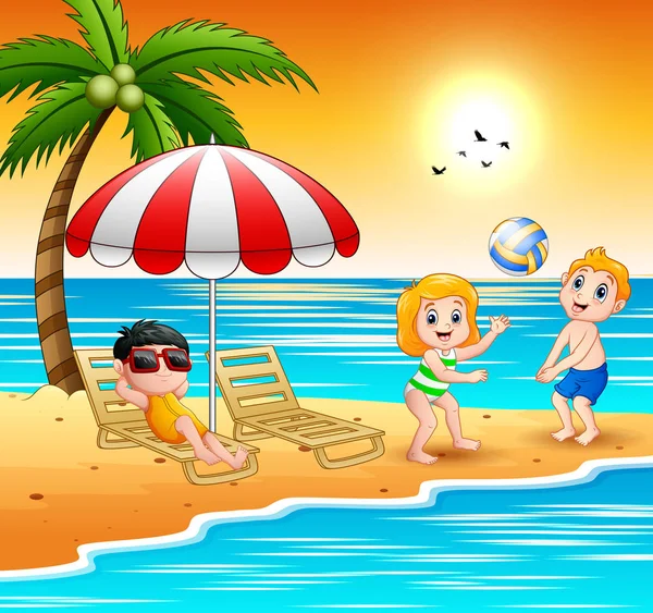在暑假期间在沙滩上玩耍的孩子们 — 图库矢量图片