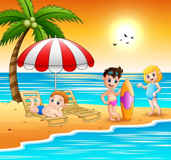 Діти Насолоджуються Літнім Відпочинком Пляжі — стоковий вектор