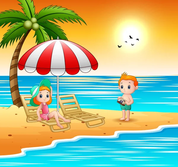 Cartoon Kinderen Ontspannen Het Strand — Stockvector